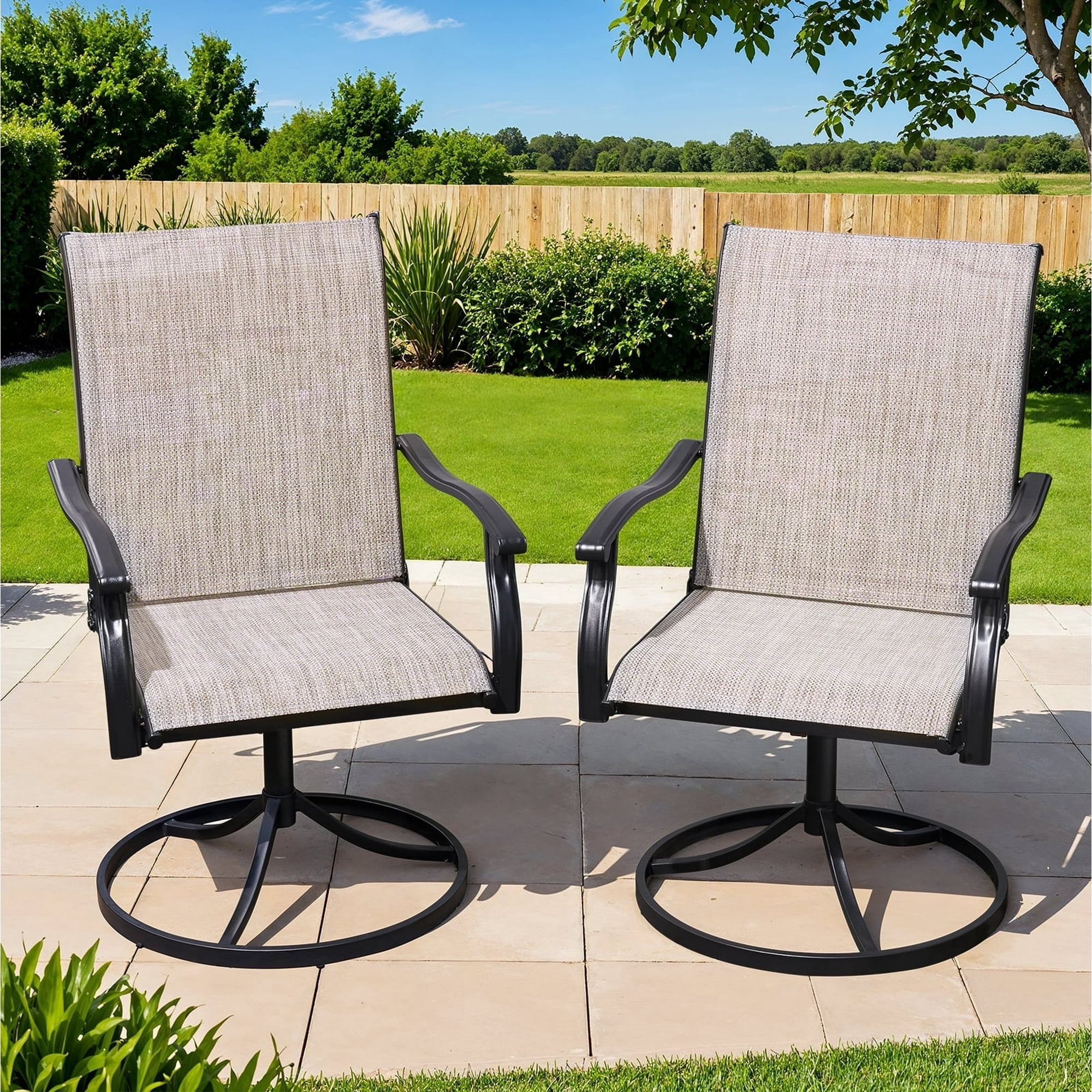 Dovov Patio Swivel Chairs Set of 2, Outdoor Dining Chairs High Back All Weather Textilene Swivel Patio Chairs with Metal Rocking Frame for Lawn Garden Backyard Deck Porch, Brown