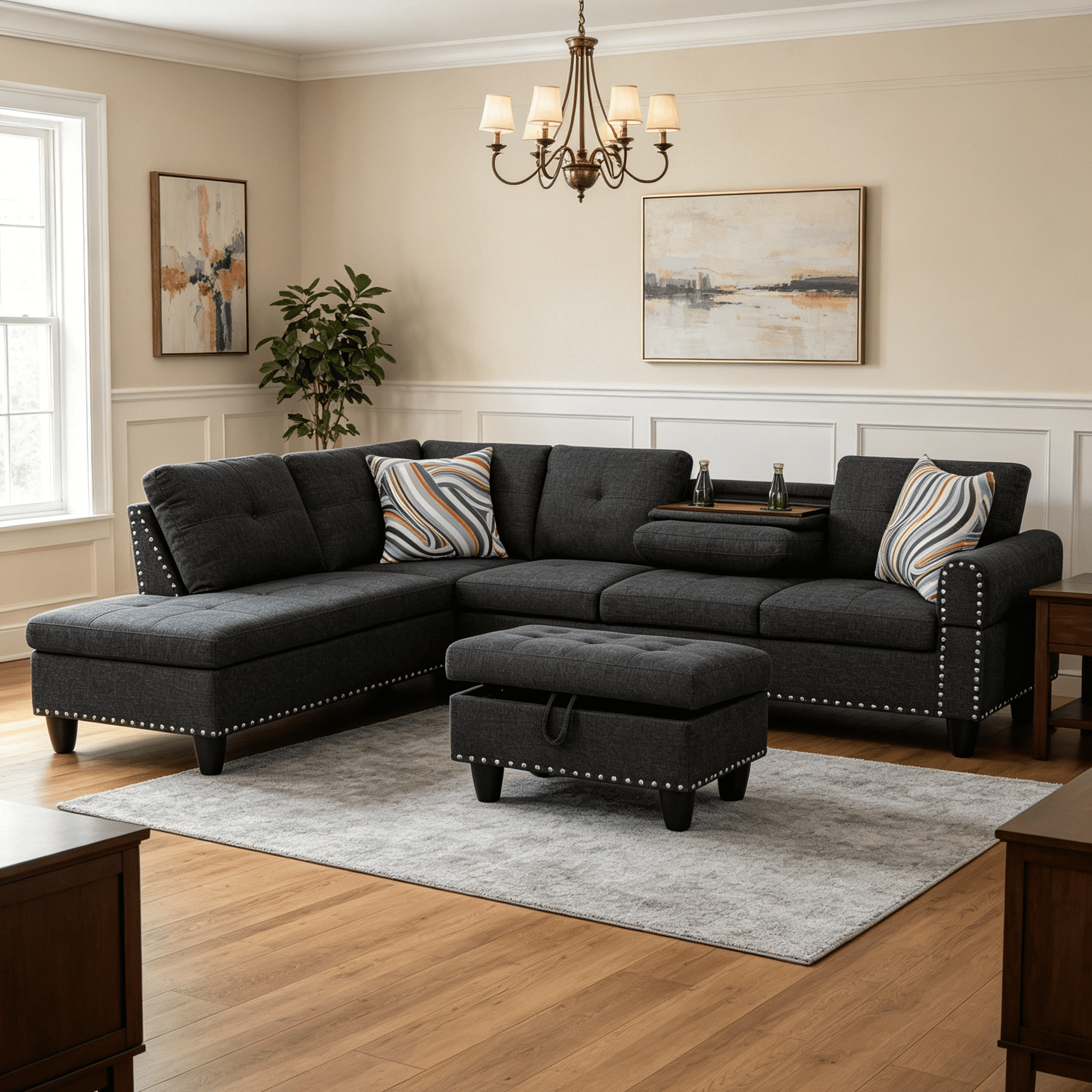 Howcool L-Shaped Sectional Sofa Couch with Storage Ottoman & Nailhead Trim,4-Seater Linen Upholstered Sofa with Cup Holders for Living Room,Left-Facing