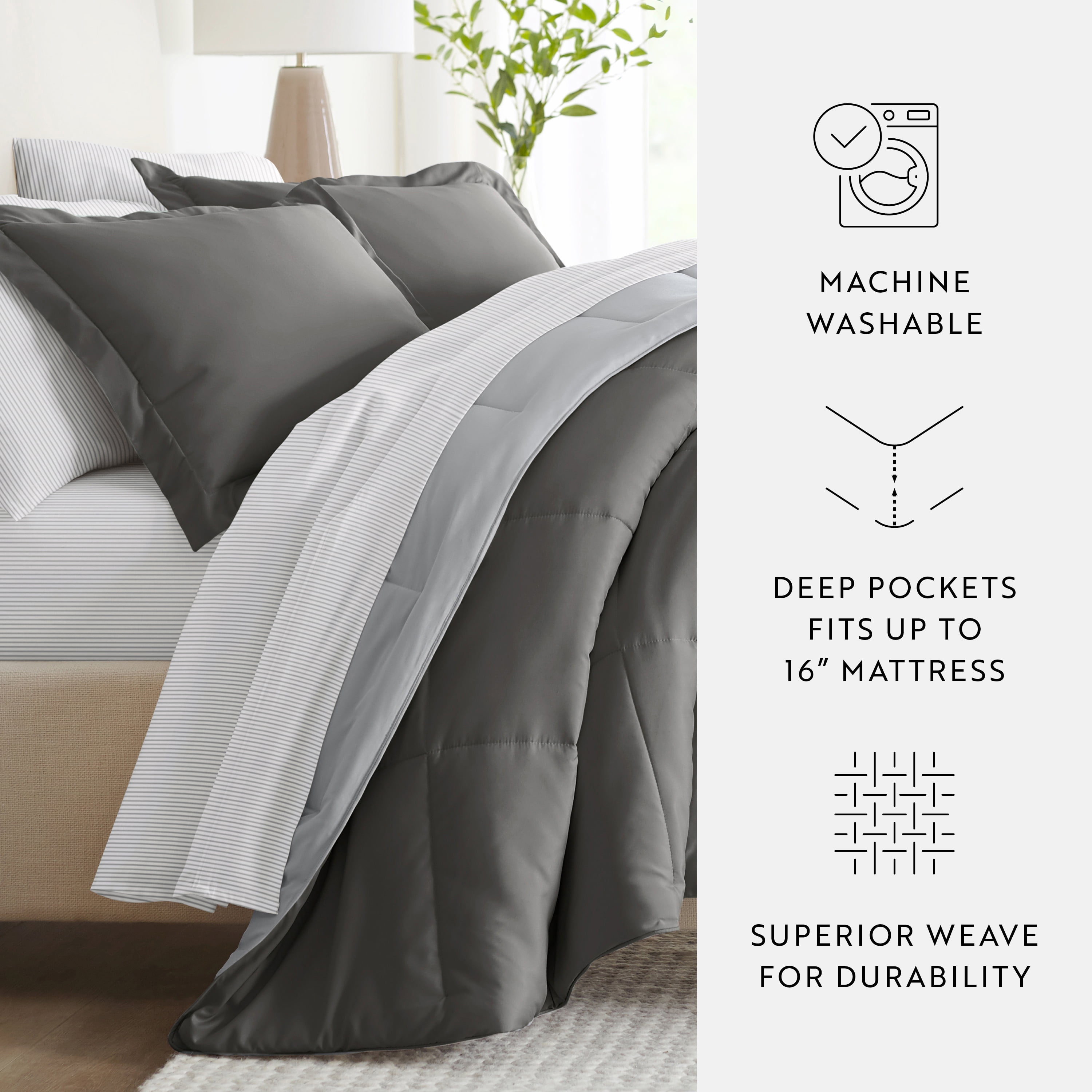 Noble Linens 7 Piece Bedding Bundle, Reversible Comforter and Patterned Sheet Set, California King