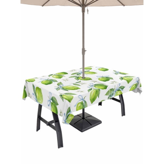 Outdoor Tablecloth with Umbrella Hole for Patio/Picnic/Party/Camping, Green Lemons Waterproof Table Cloth Rectangle Table Cover Washable, Summer Watercolor Blue Bow on Fruits (60"x 102")