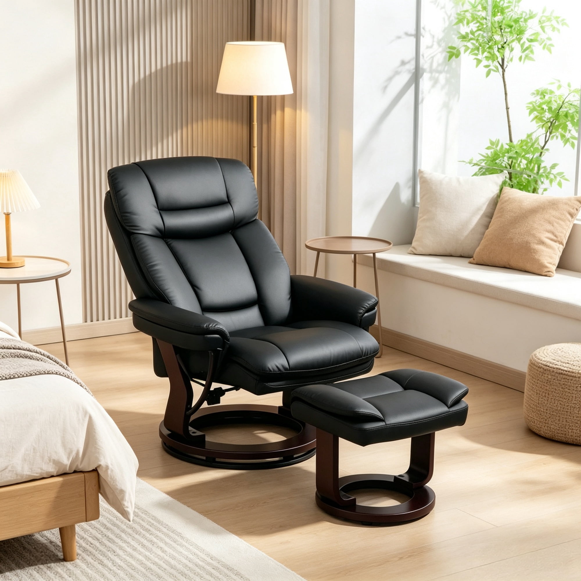 PU Leather Swivel Recliner with Footrest, Black