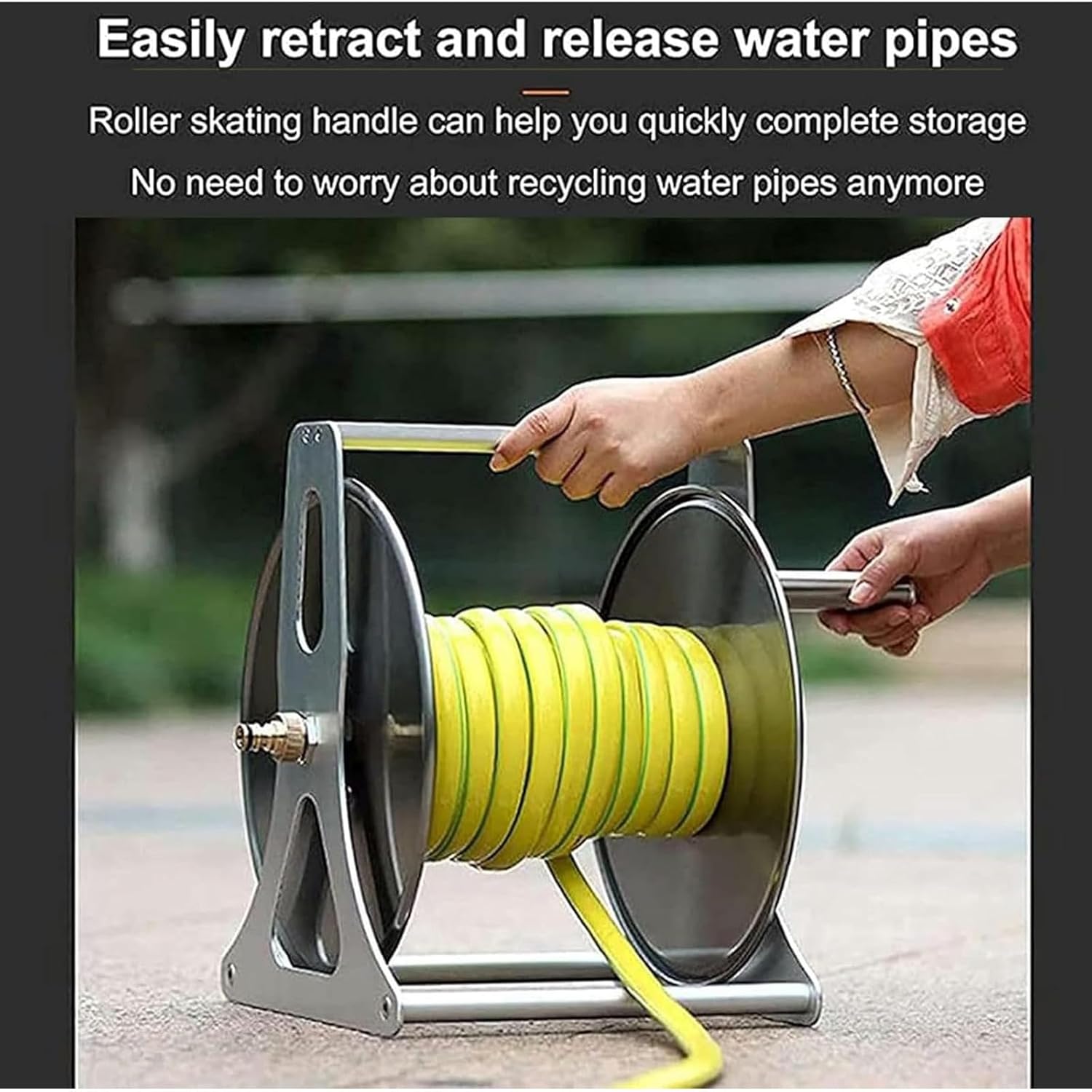 Garden Hose Reel Metal, Portable Compact Hose Reel, Freestanding Garden Hose Reel with 360° Rotatable Handle, Holds 40M Hose Capacity, for Yard Garden Farm and Patio