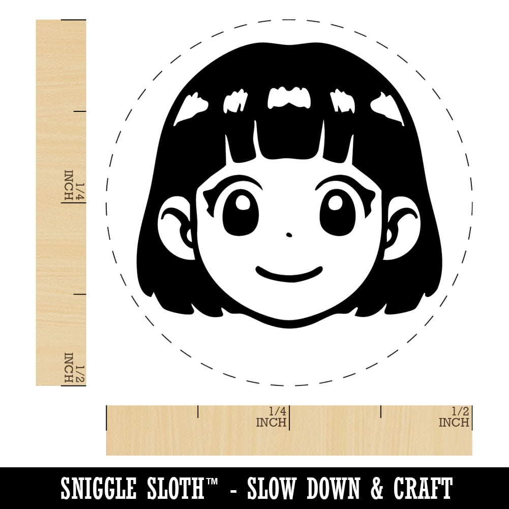 Anime Manga Girl Smile Cute Self-Inking Rubber Stamp for Stamping Ink Stamper Crafting Planners - 1/2 Inch Mini - Lime Green Ink