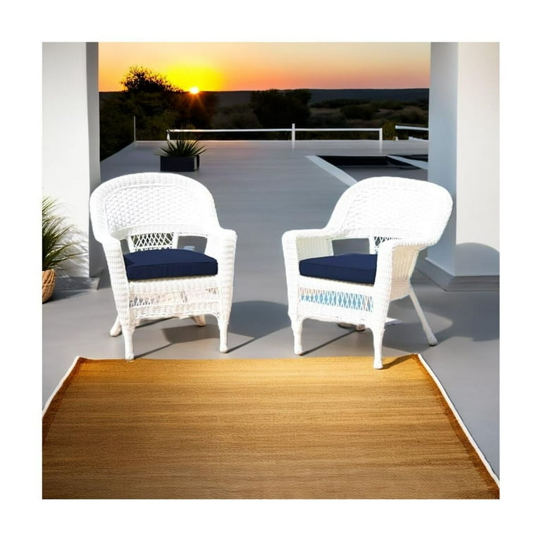 Jeco Stacking Wicker Rattan Chairs Set of 2, Blue Tufted Cushions