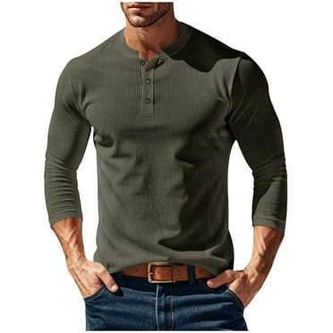 Men's Quarter Button T-Shirt Corduroy Slim Fit Shirts Pullover 3/5 Length Sleeve Tees Fashion Crew Neck Ribbed Knit Tops (L, Army Green)