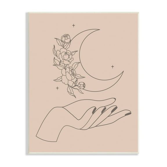 Stupell Industries Mystical Floral Roses Moon Palm Line Drawing Wood Wall Art, 13 x 19, Design by JJ Design House LLC