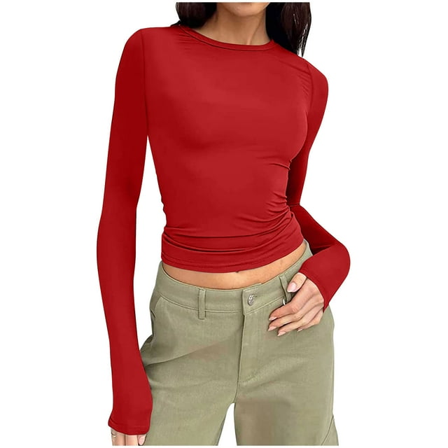 Pisexur Hauts d'Automne pour Femmes Manches Longues Hauts pour Femme Mode T-Shirts Courts Col Rond Décontractés Ajustés Blouses Unies Chandail Hauts Basiques d'Automne T-Shirts