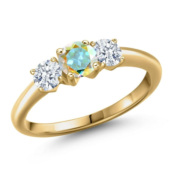 Gem Stone King 18K Yellow Gold Plated Silver Mercury Mist Mystic Topaz and White Zirconia Engagement Ring for Women | 1.05 Cttw | Round 5MM | Gemstone November Birthstone | Size 5