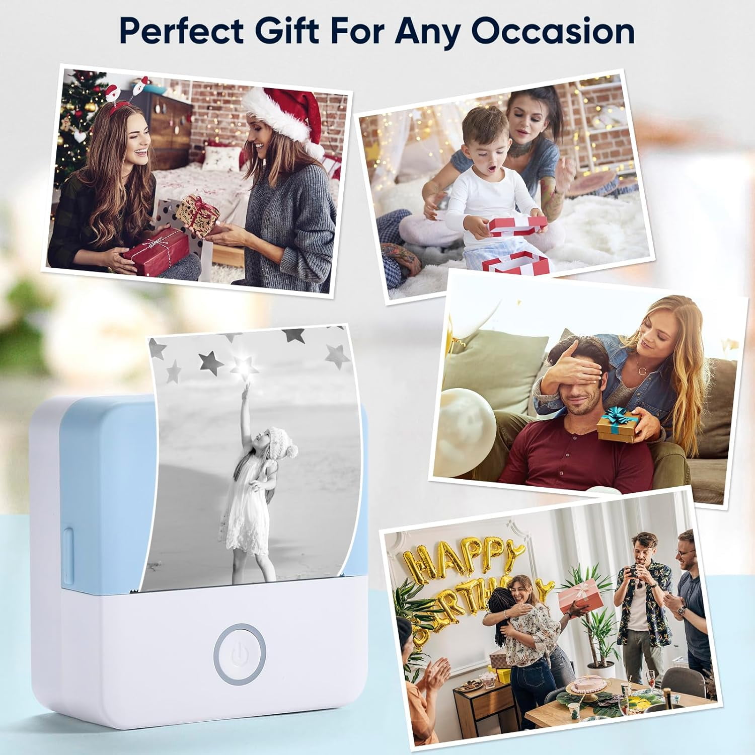ROJAX Print Pods Mini Thermal Printer, Inkless Portable Sticker Maker with 10 Rolls Paper, Bluetooth Pocket Printer for Phone, Notes, Journal & DIY, Compatible with iOS & Android (Blue)