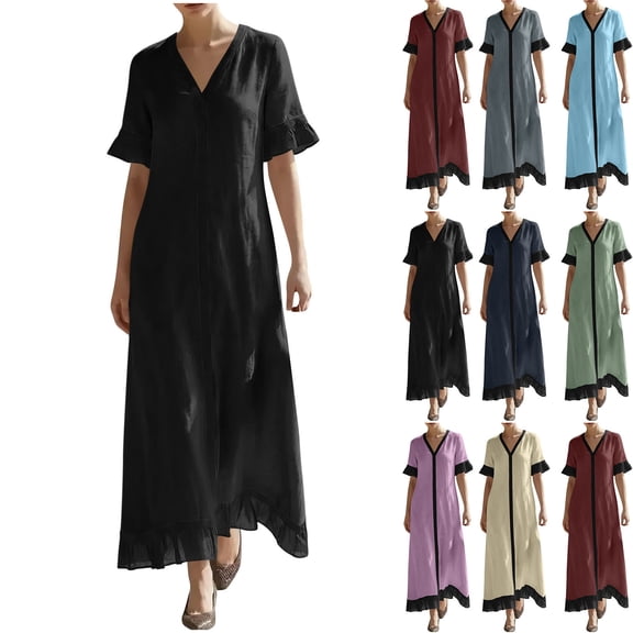 YuXingFu Boho Dresses for Women Maxi V-Neck Plus Size Womens Dress 1/4 Sleeve Solid Color Long Casual Summer Black S