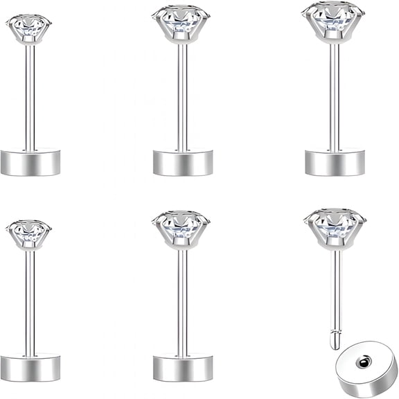 DESIGNICE Hypoallergenic Flat Back Earrings for Women 20G Surgical Stainless Steel Studs Earrings Cubic Zirconia Cartilage Earring for Sensitive Ears 2Mm 3Mm 4Mm