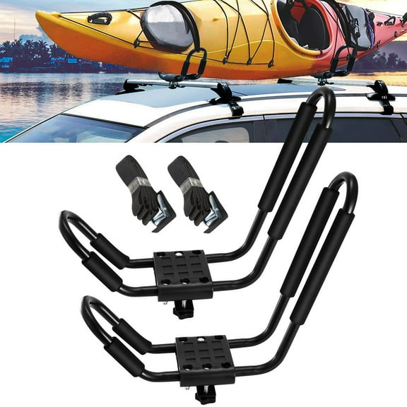 TeqHome 1 Pair Universal J-Bar Kayak Carrier 220LBS Load Heavy Duty Canoe Car Top Mount Carrier Roof Rack 2Pcs Tie Down Straps