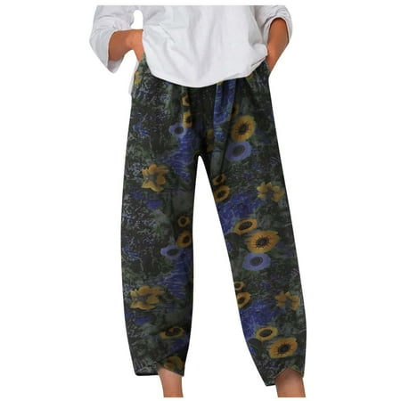 

Women s Fashion Casual Linen Printed Striped Cropped Trousers Splicing Straight Leg Pants Pencil Pants work pants for women black scrub pants for women Green L