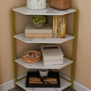 VECELO 4-Tier Corner Shelf, Freestanding Corner Shelves Display Shelf with Metal Frame, Corner Bookshelf/Open Corner Plant Stand for Small Space, Home Office, Living Room, Bedroom, Gold