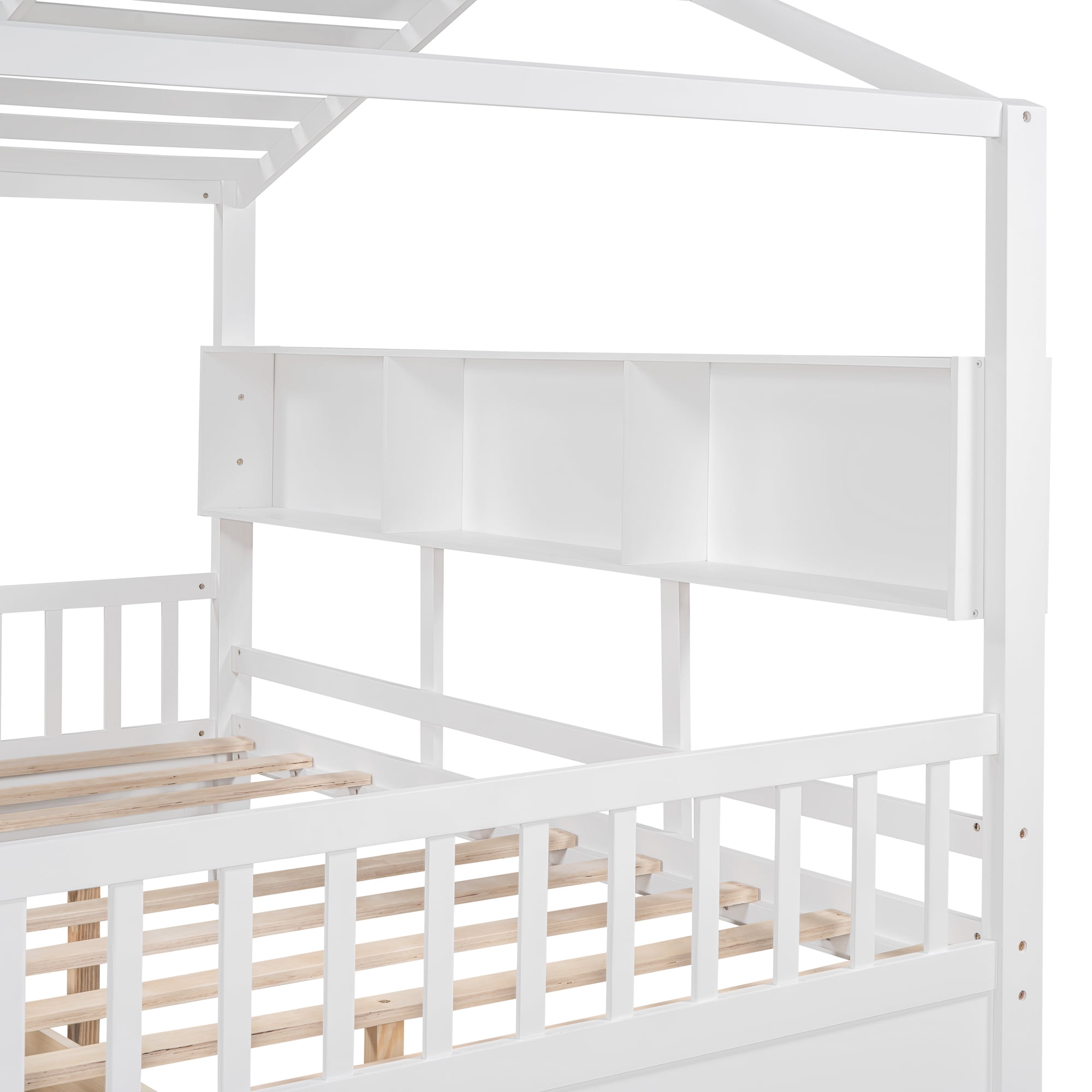 Bellemave House Bed with 2 Drawers and Storage Shelves, Wood Full Size Montessori Bed Frame with Roof and Window, Playhouse Bed for Bedroom (White)