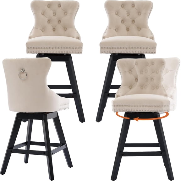 Swivel Bar Stools Set of 4, 26" Counter Height Bar Stools with Back, Farmhouse Velvet Barstools for 34–38" Kitchen Island, Beige (Set of 4)
