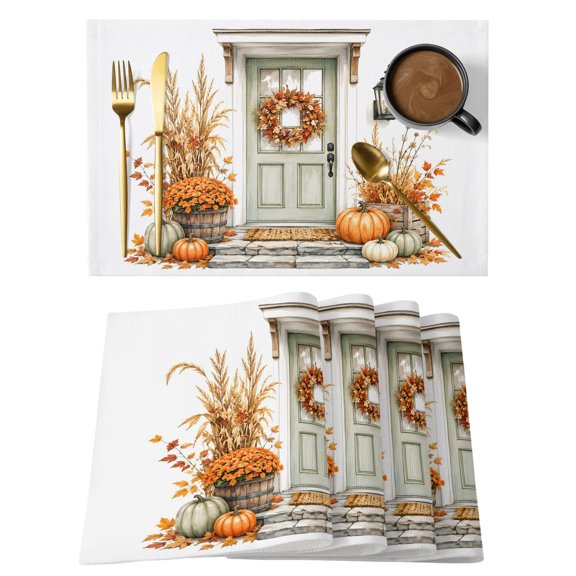 Placemats Set of 2 - 13x19 Inch, Thanksgiving Fall Non-Slip Washable Place Mats for Dining Table, Autumn Botanical Harvest Farmhouse Polyester & Linen Blend Table Mats for Kitchen Party Holiday