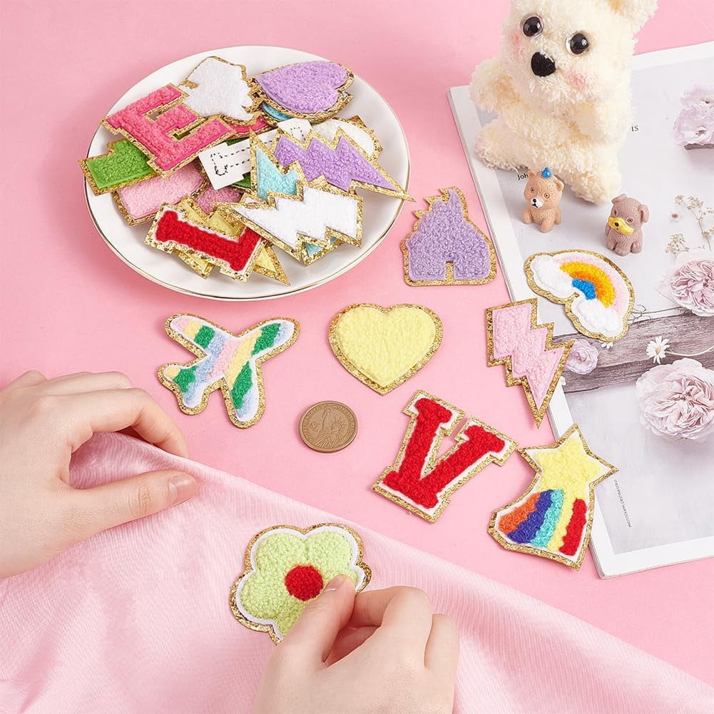 PH 42pcs Chenille Patches Chenille Iron on Embroidered Patches Cute Self Adhesive Letter Patches Heart Patches Stick on Fabric Patches for Clothing Jacket Hat DIY Backpack Repair Decor Colorful