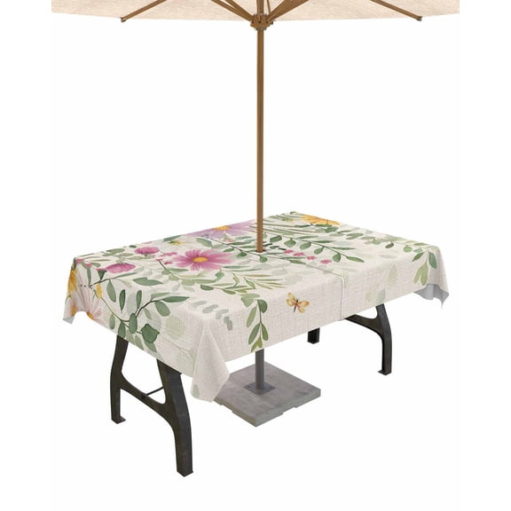 Outdoor Tablecloth with Umbrella Hole for Patio/Picnic/Party/Camping, Flowers Leaves Waterproof Table Cloth Rectangle Table Cover Washable, Farmhouse Spring Botanical Plants 60"x 84"