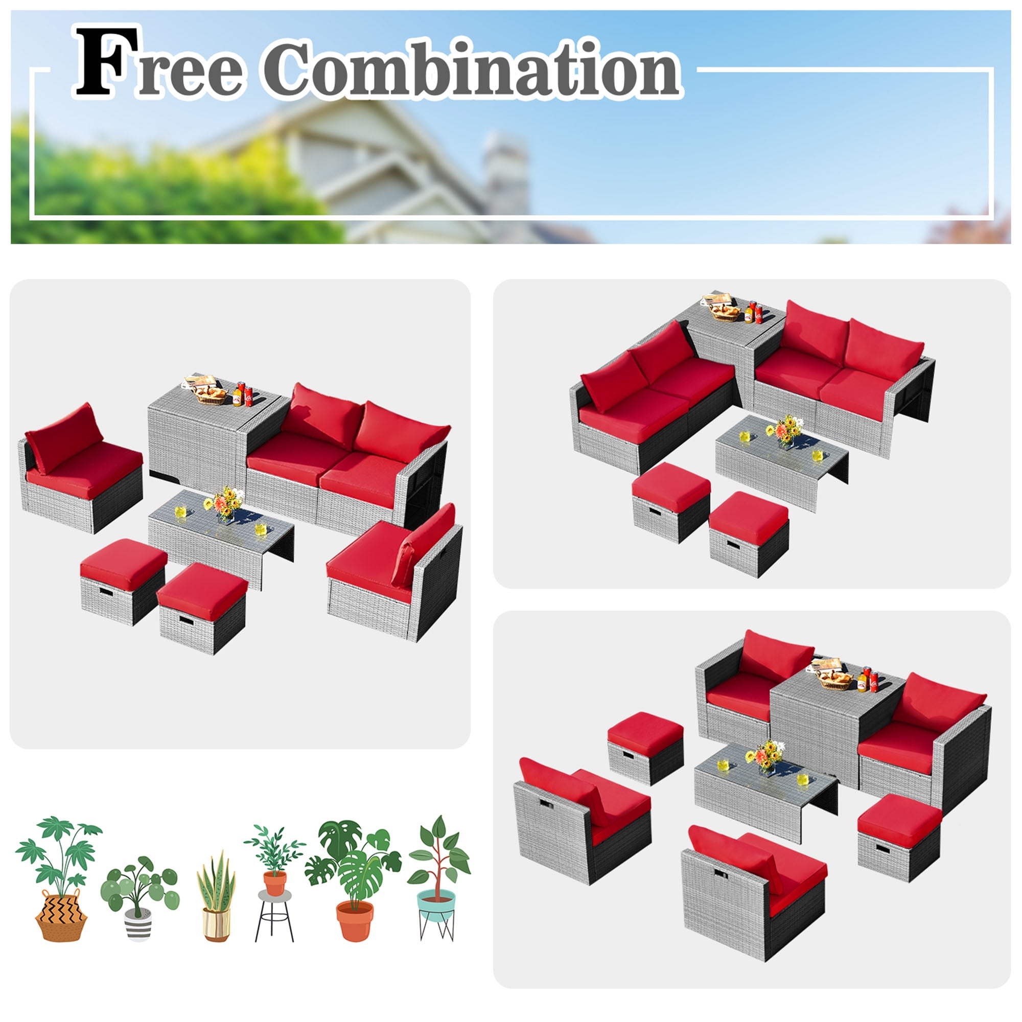Gymax Fashion 8PCS Rattan Patio Space-Saving Furniture Set w/ Waterproof Cover & Red Cushions