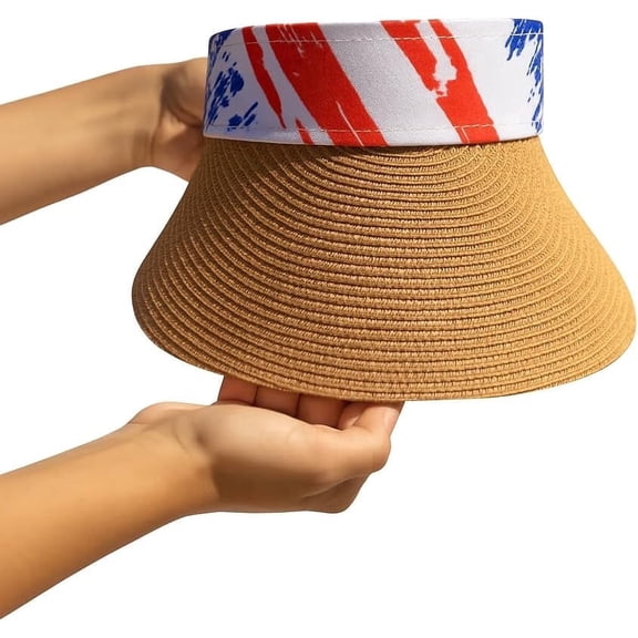 Women's Wide Brim Straw Visor Hat with USA Flag Hat Band