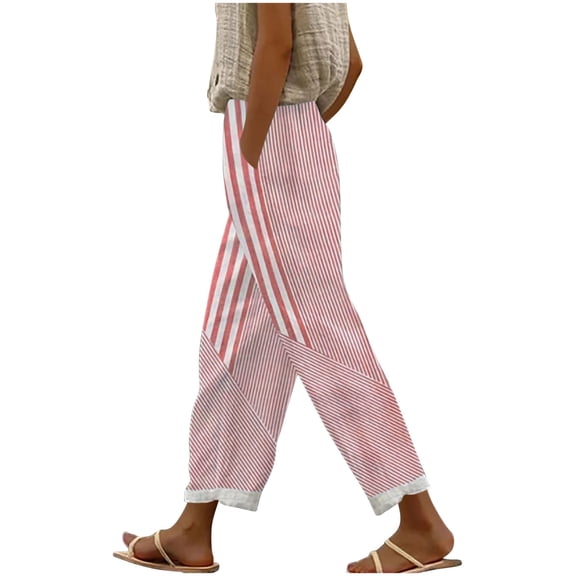 Sexlip Stripe Color Block Crop Pants for Women Casual Straight Leg Pants Elastic Waist Cropped Trousers with Pockets Pink XXL