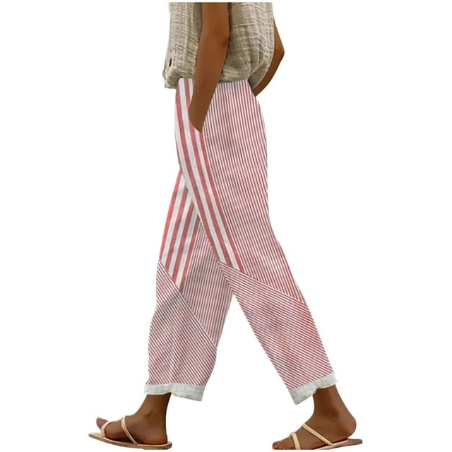 FNFYFH Clearance Ladies Linen Cotton Trousers Solid Color Breathable