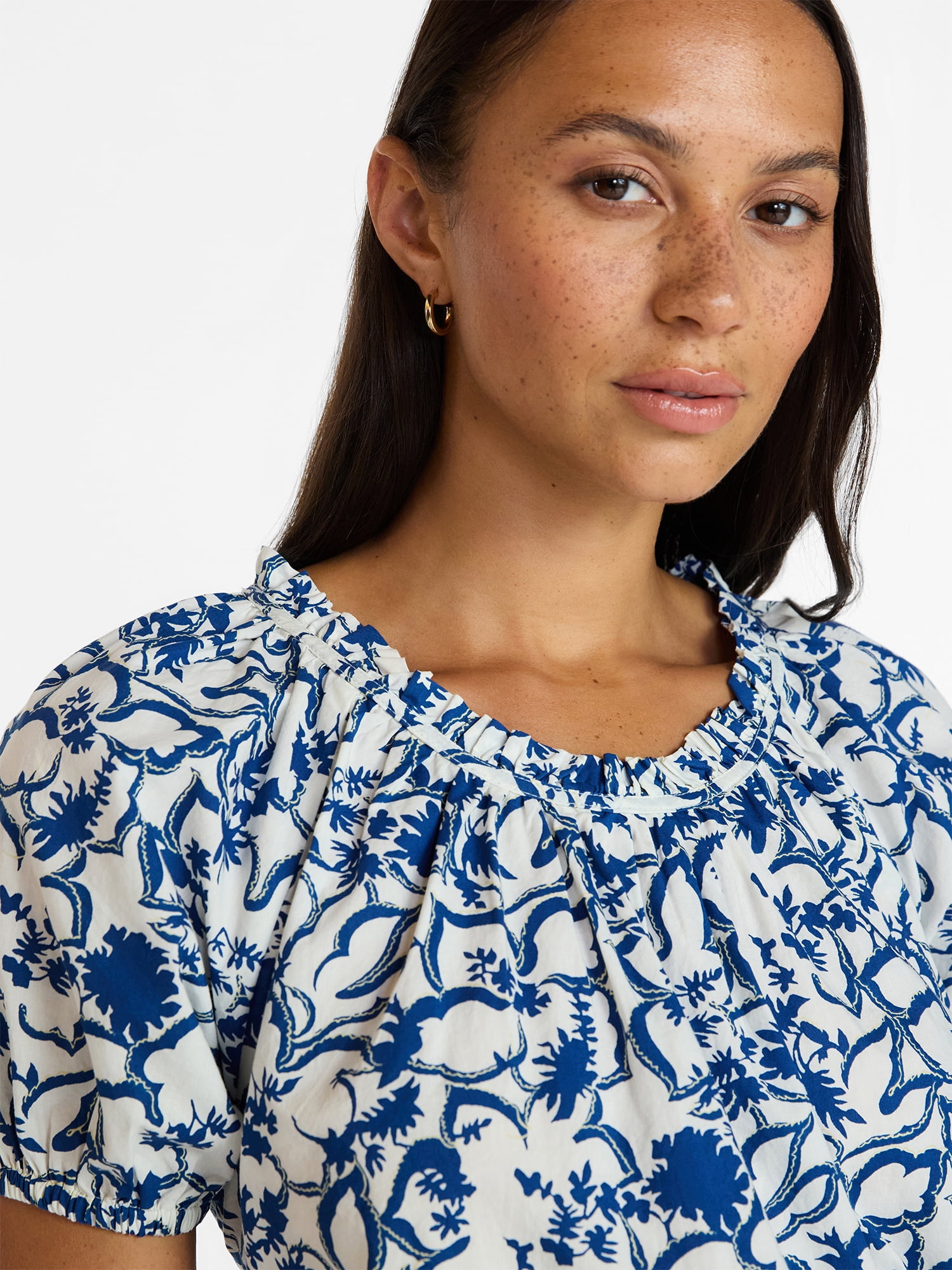Time and Tru Women's Ruffle Neck Cotton Top with Short Puff Sleeves, Sizes XS-XXXL