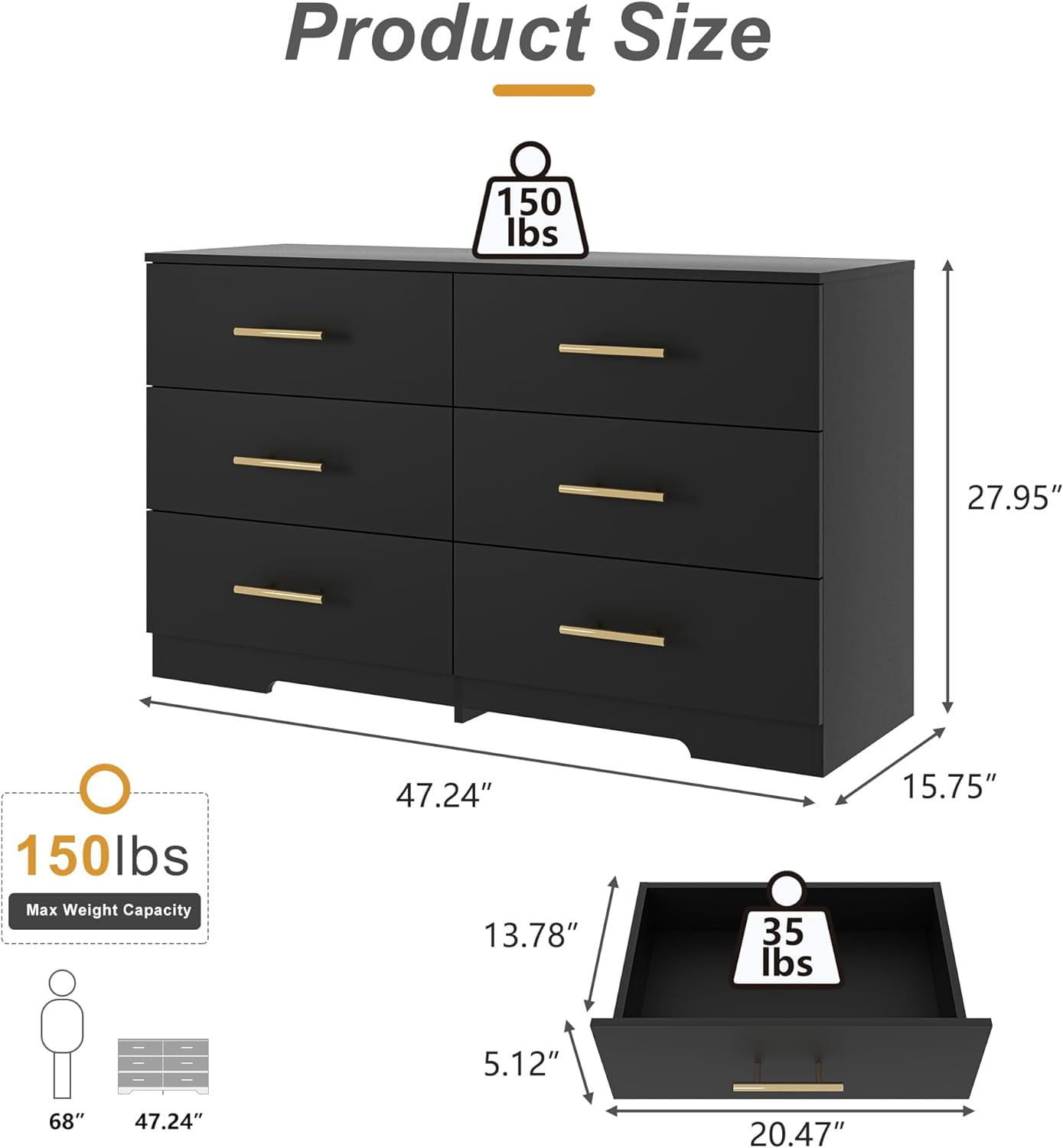 Miniyam 6-Drawer Dresser with Deep Drawers & Golden Handles for Adult Bedroom, Black