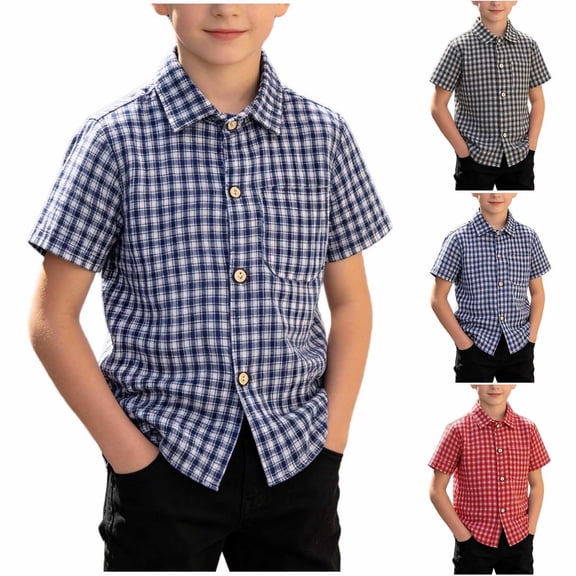 BXJX Boys Button-Down Shirts Size 10-12 T, Casual Collared Short Sleeve Summer Kids Plaid Shirts with Pocket Blue