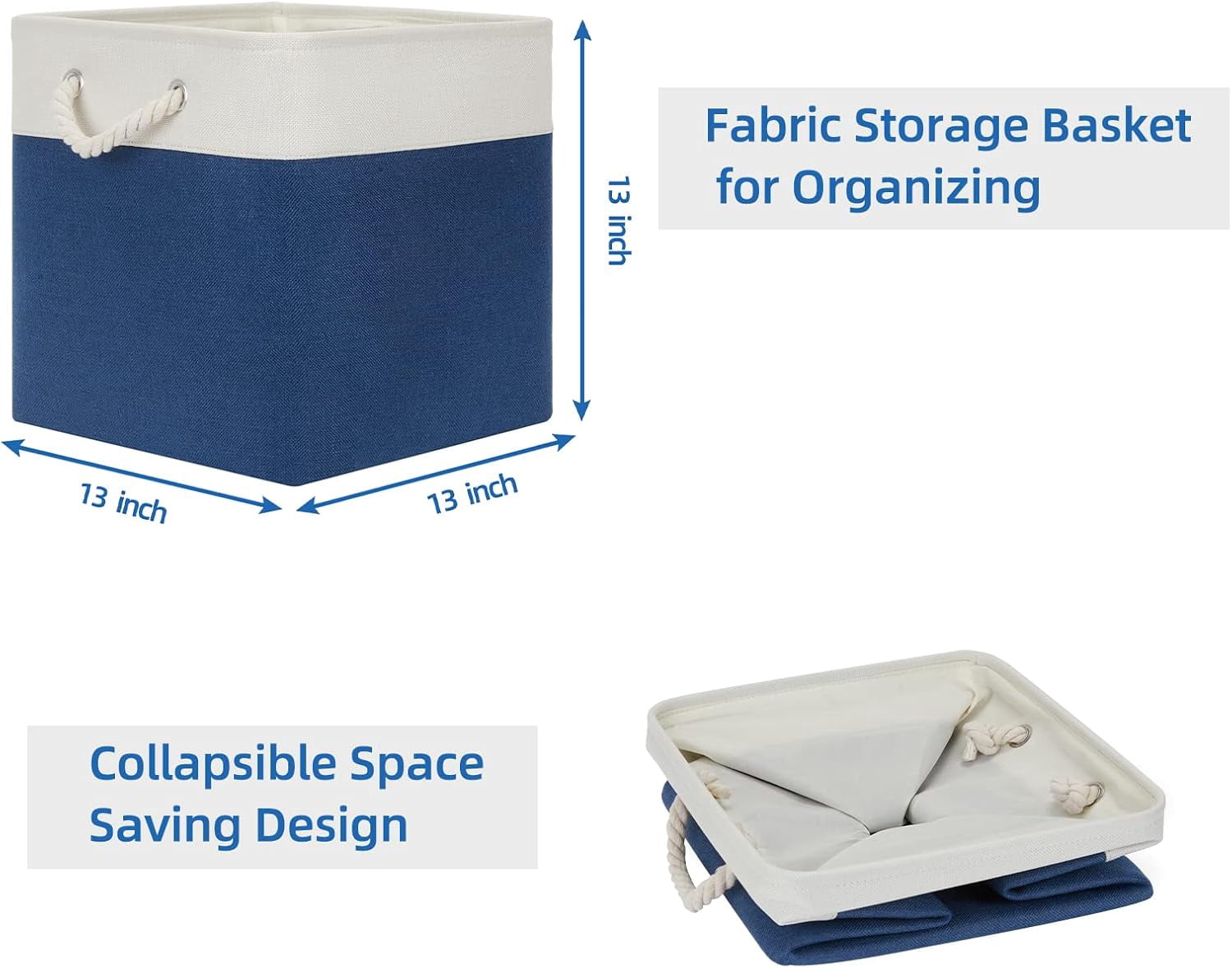 Storage Baskets for Shelves 13x13 Baskets for Gifts Empty, 4 Pack Shelf Baskets Large Storage Baskets Cube Storage Bins Fabric Storage Cubes with Handles for Shelves (White&Blue)