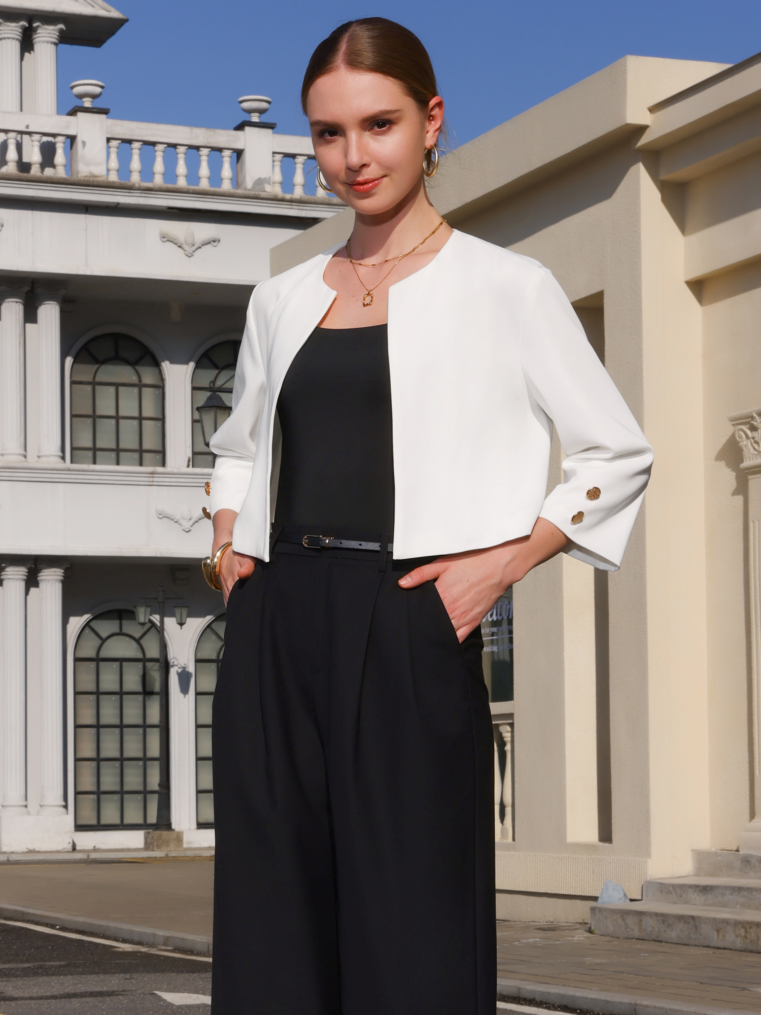 DARING DIVA Women's Collarless Blazers 3/4 Sleeve Dressy Cropped Jacket 2XL White