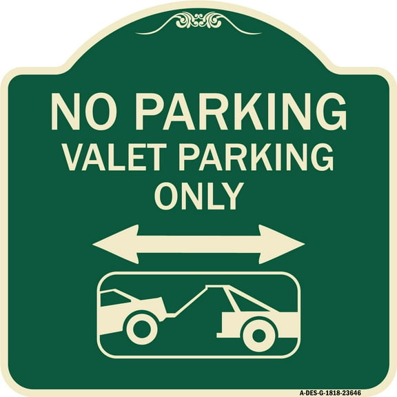 SignMission Designer Series Sign - No Parking Valet Parking Only (With Bidirectional Arrow and Car Tow Graphic) | Green & Tan 18" X 18" Heavy-Gauge Aluminum Architectural Sign | Made in