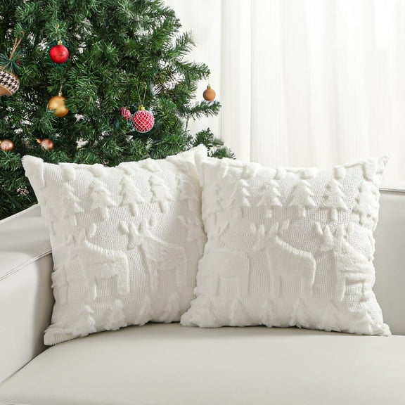 Lewondr Christmas Throw Pillow Cover 18x18,Set of 2 Soft Faux Fur Velvet 3D Christmas Tree Reindeer Embroidery Square Pillow Cover for Xmas Home Decor, White