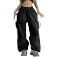 thumbnail image 2 of Black Woman Pants Clearance Parachute Pants With 4 Pockets High Rise Elastic Waistband Cargo Pants Streetwear Womens Blouses Size XL, 2 of 6