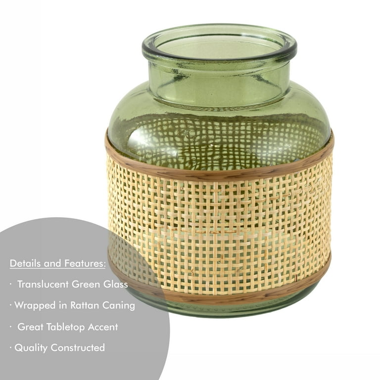 6 Green Translucent Glass Indoor Tabletop Vase with Natural Rattan Caning Wrap
