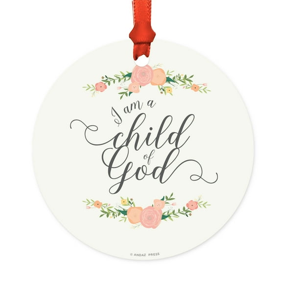 Religious Round Metal Christmas Ornament, I Am A Child of God, Girl Floral Roses, Includes Ribbon and Gift Bag