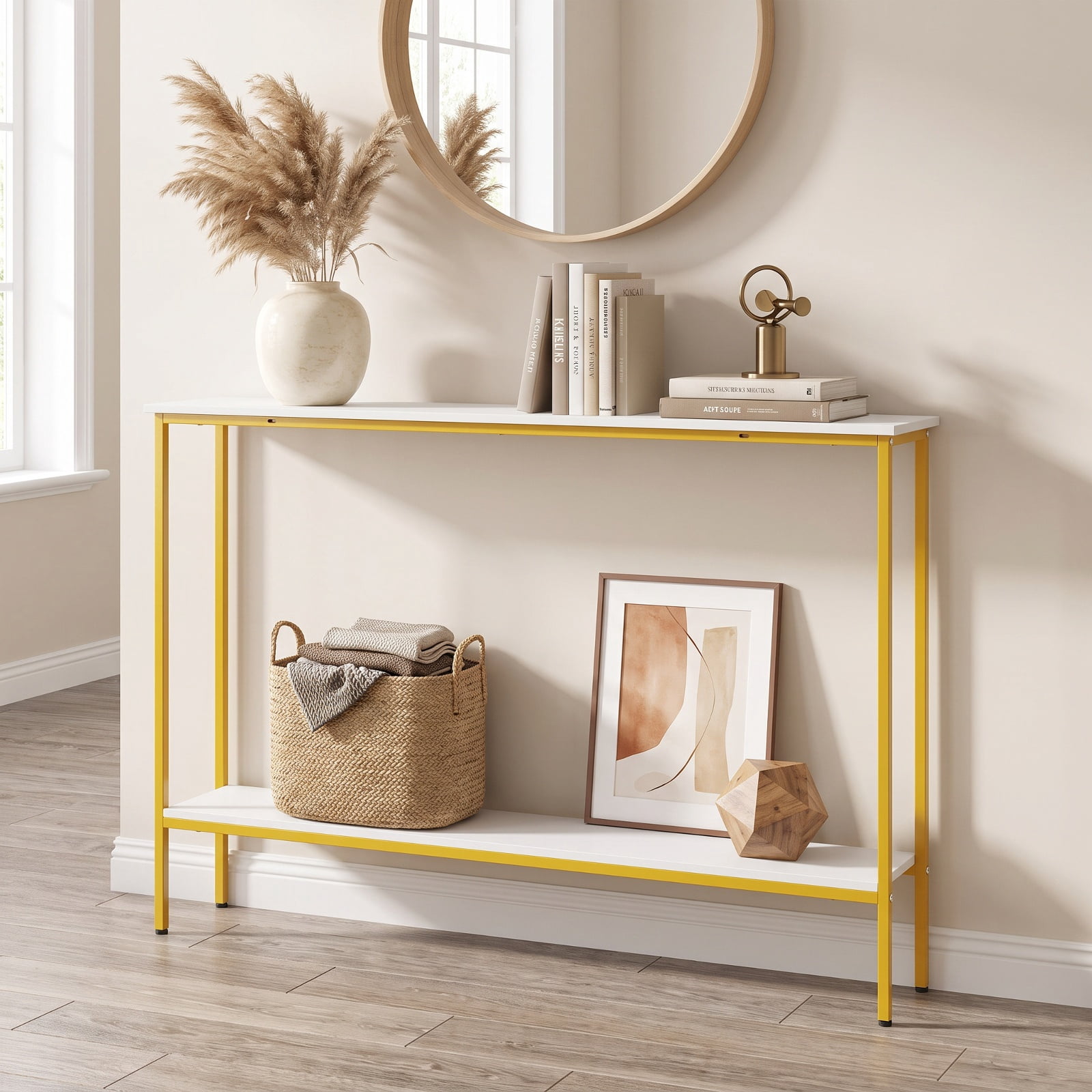 Furnibear 44 Inch Narrow Console Table with Storage Shelf and Dual Anti-Tipping Kits for Entryway Hallway Living Room Sofa Table, White