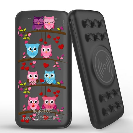 

INFUZE Qi Wireless Portable Charger for Samsung Galaxy A42 5G External Battery (12000 mAh 18W Power Delivery USB-C/USB-A 3.0 Ports Suction Cups) with Touch Tool - Cute Love Owls