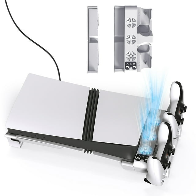 Horizontal Cooling Stand with 3-Level Fan & 2 Controller Charger for PlayStation 5 Slim/Pro. The stand features a three-speed cooling system with triple turbofans (5000-7000 RPM) for efficient heat dissipation, a dual controller charging station with smart LED indicators, and a secure horizontal mounting base. Compatible with PS5 Slim and Pro models, it includes a USB-A port for accessory charging and integrated safety features like overload protection and auto power cutoff. Made of durable ABS plastic, the compact design measures 222×94.1×71.1mm.