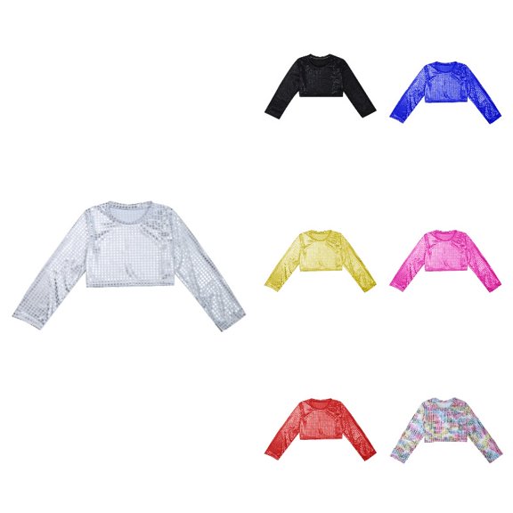 Krdevn Shiny Performance Crop Top, Glitter Stretch Tee, for Dance Party (Little Girls, Big Girls),10-11 Years