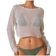thumbnail image 2 of Qzwdhjm Cropped Swimsuit Coverup Top for Women Crochet Hollow Out Bathing Suits Cover Up Boat Neck Long Sleeve Beach Coverups Tops for Resortwear, 2 of 4