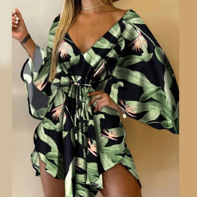 Irregular Boho Mini Dress Bat Sleeve 2021 Fall Feminine Sexy Deep V Neck Loose Party Spring Mini Dress With Lace Belt Fall