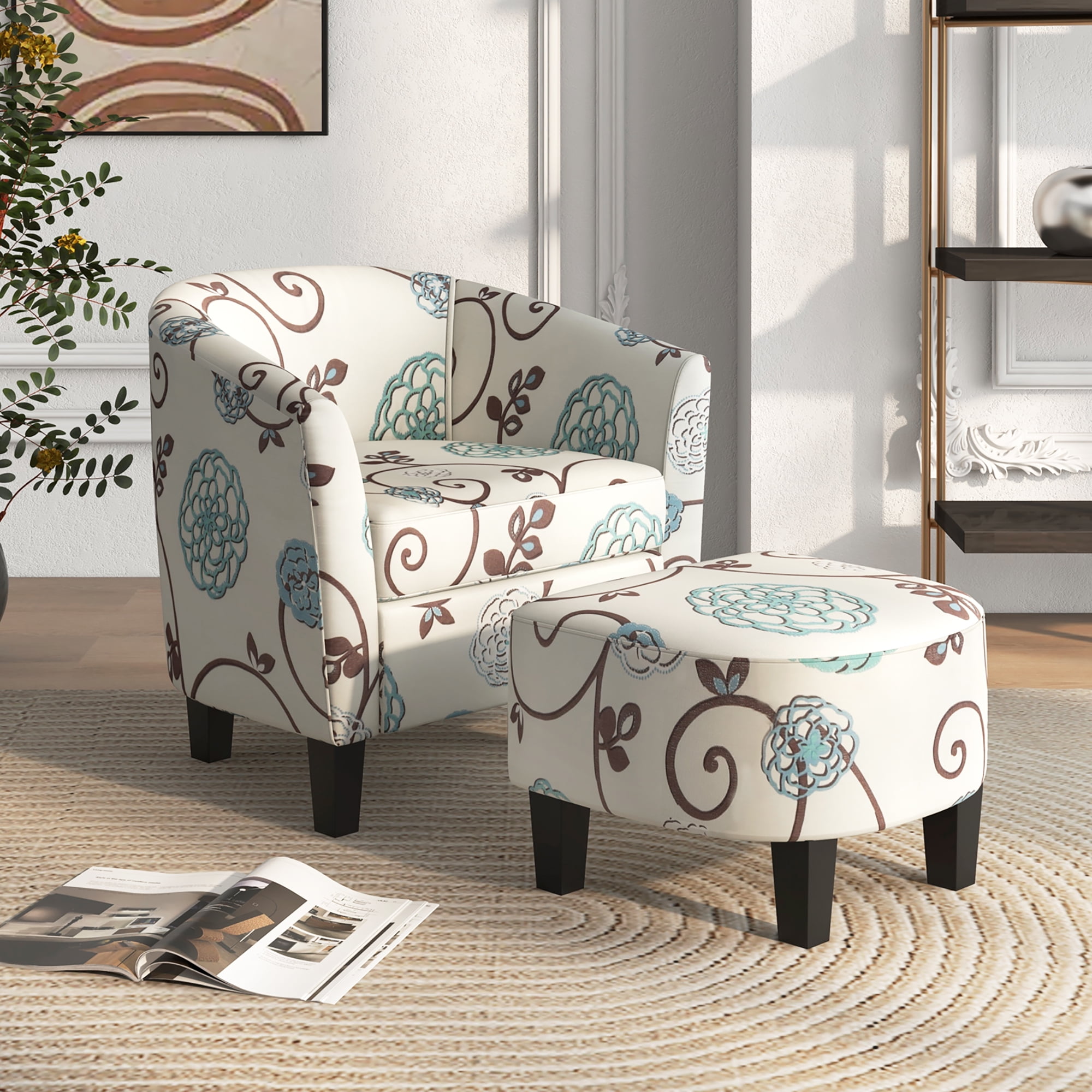 Gymax Modern Accent Tub Chair&Ottoman Set Fabric Upholstered Club Chair Grey Floral