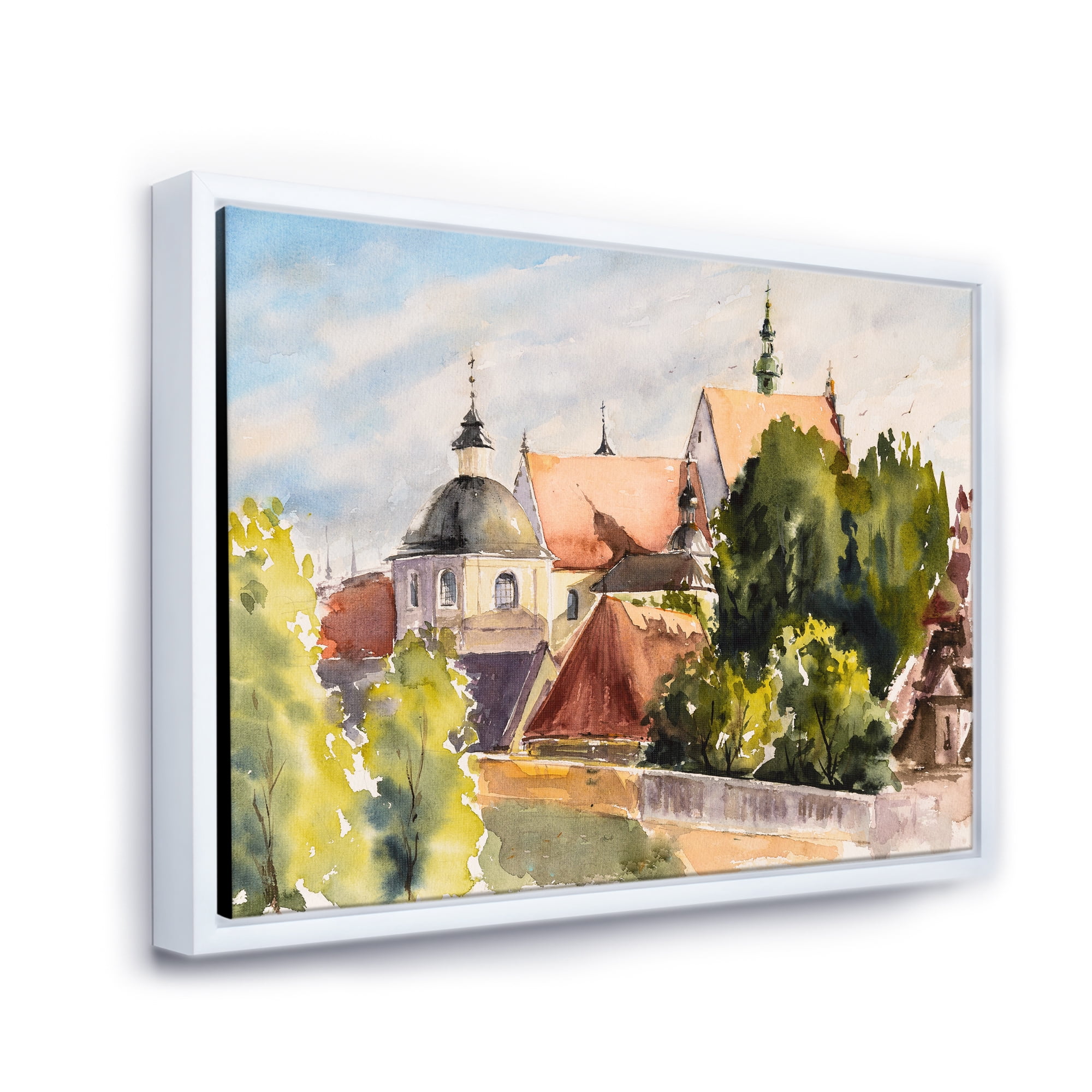 Designart 'View of Old Polish City Buildings In Nature' Traditional Framed Canvas Wall Art Print