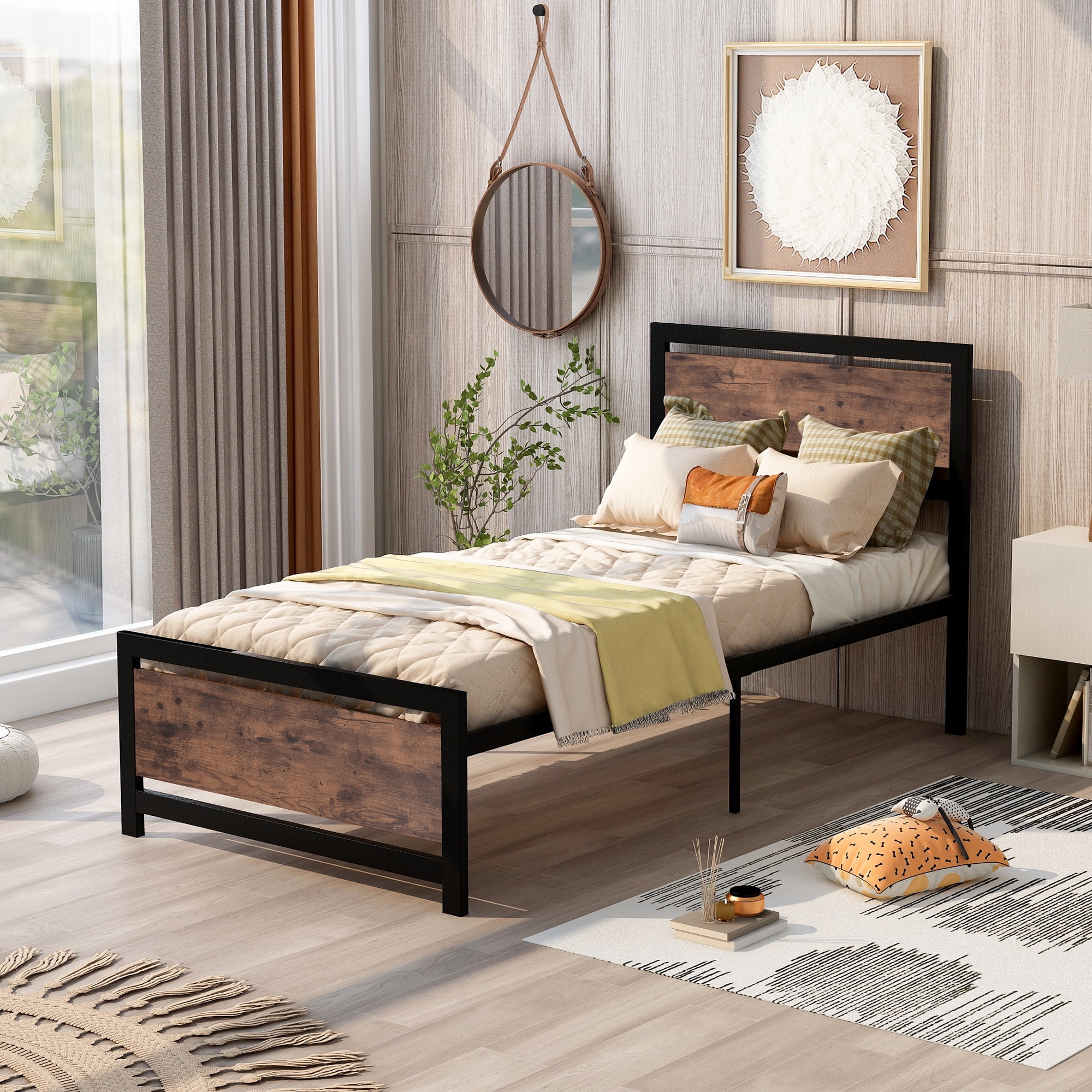 Platform Bed Frame With Wood Headboard, Twin Size Bed Frame Slats