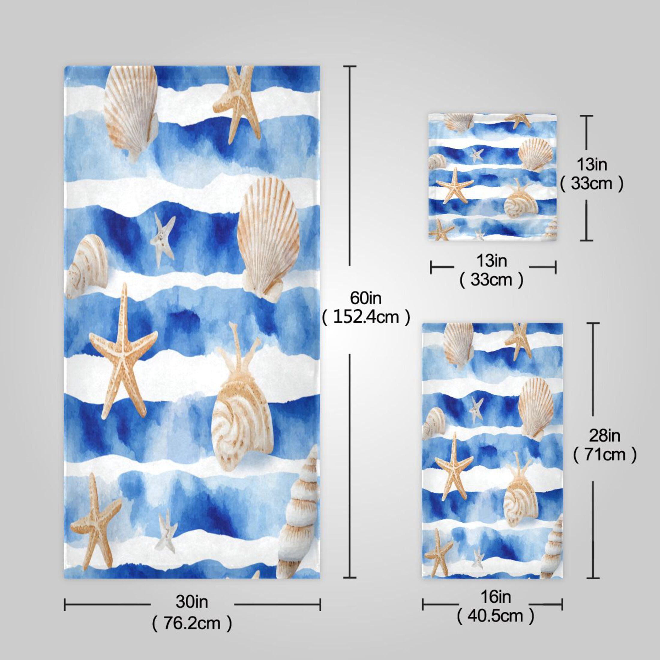 3 Sizes Towel Set - Bath Towel, Hand Towel & Washcloth for Daily Household Use Blue Nautical Stripes Pattern