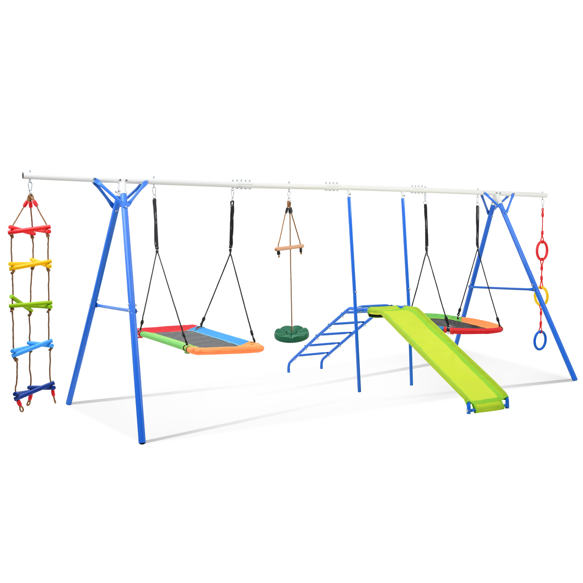 Aukfa 7 in 1 Kids Swing Set with Slide, Heavy-Duty Metal Playset with Climbing for Backyard, Blue