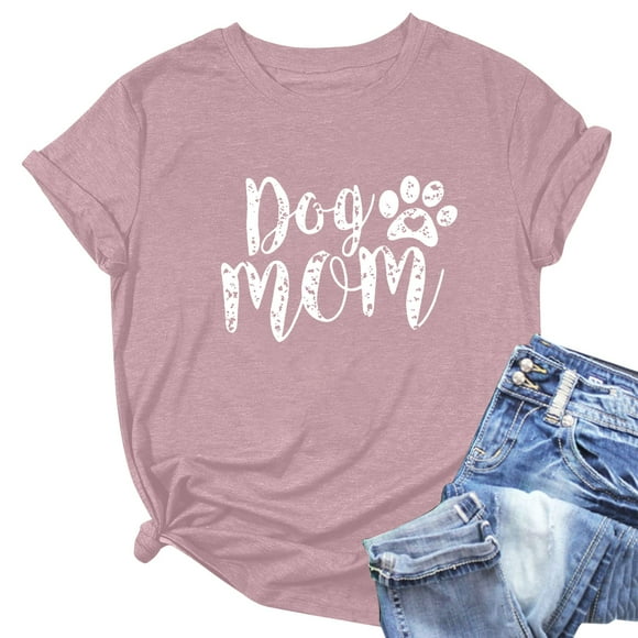 Fgnfyis T Shirts for Women Women's T Shirt Print Cute Dog Mom Short Sleeve T Shirt Womens Tops Pink_001 XL