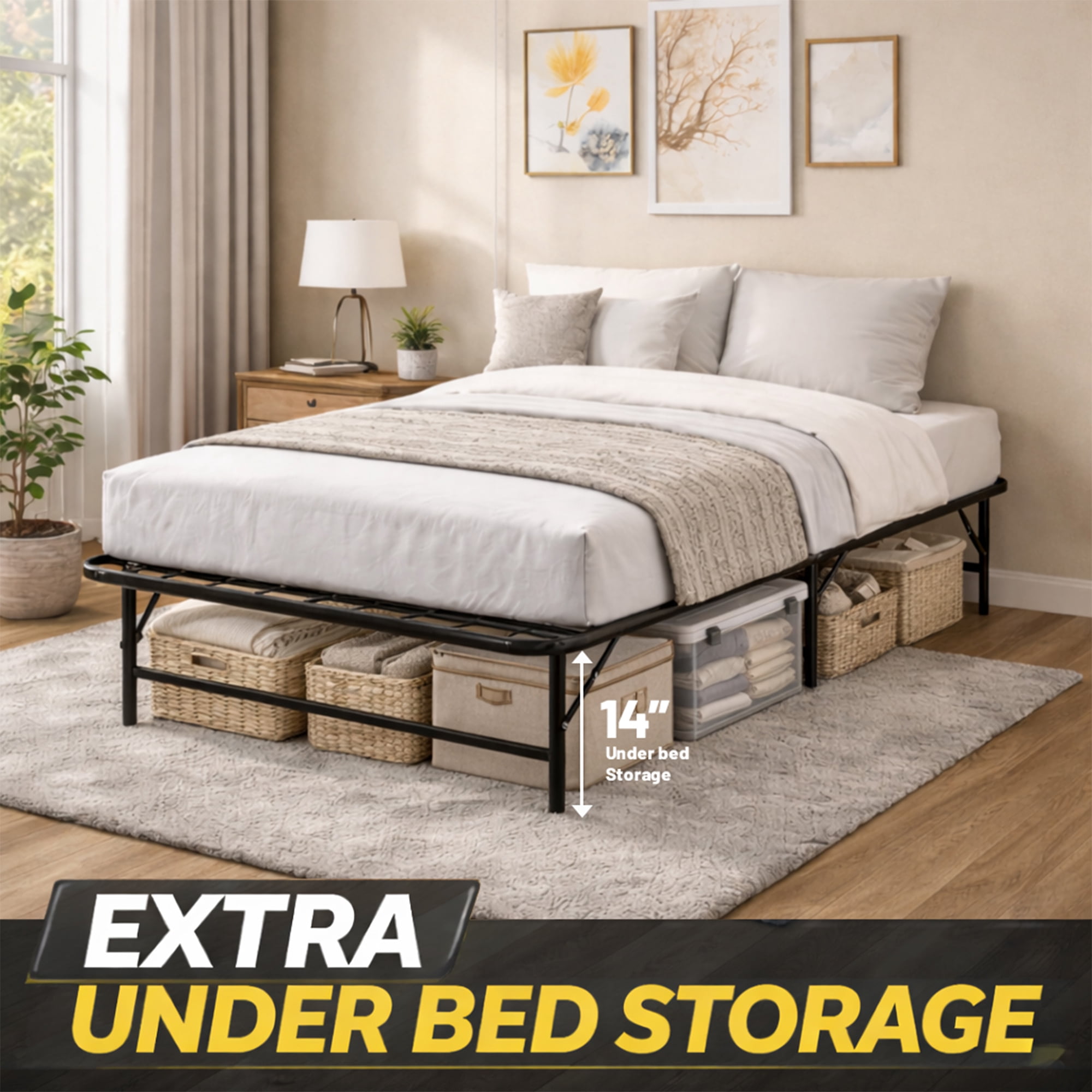 Continental Sleep, 14-Inch Foldable Metal Platform Bed Frame with Tool Free Setup, Sturdy Steel, No Box Spring Needed, 75" x 30", Black